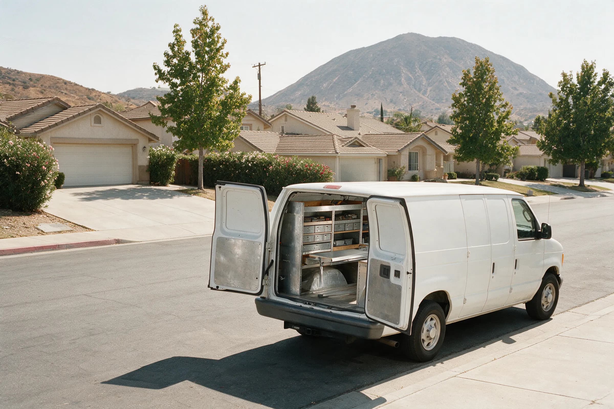 Todos Santos Lock Co. van on a Concord street with the rear doors open